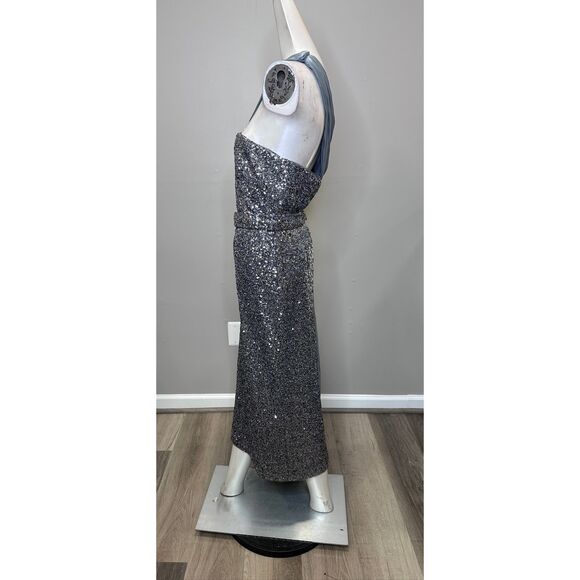 Badgley Mischka One-Shoulder Embellished Cocktail Dress in Pewter US 12 $595 - Picture 9 of 12